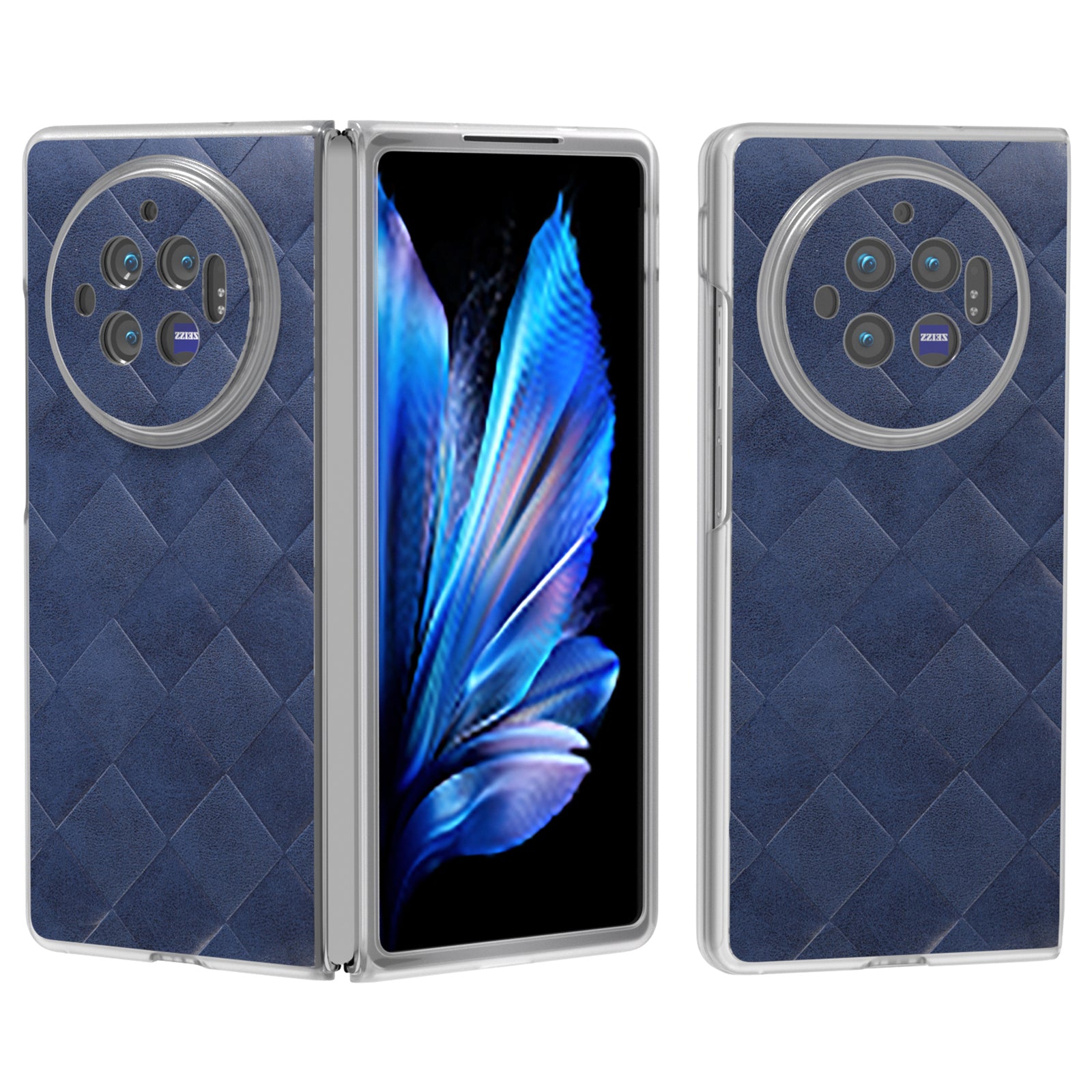 For vivo X Fold3 Case Grid Pattern Leather+PC Matte Clear Edge Phone Cover - Blue