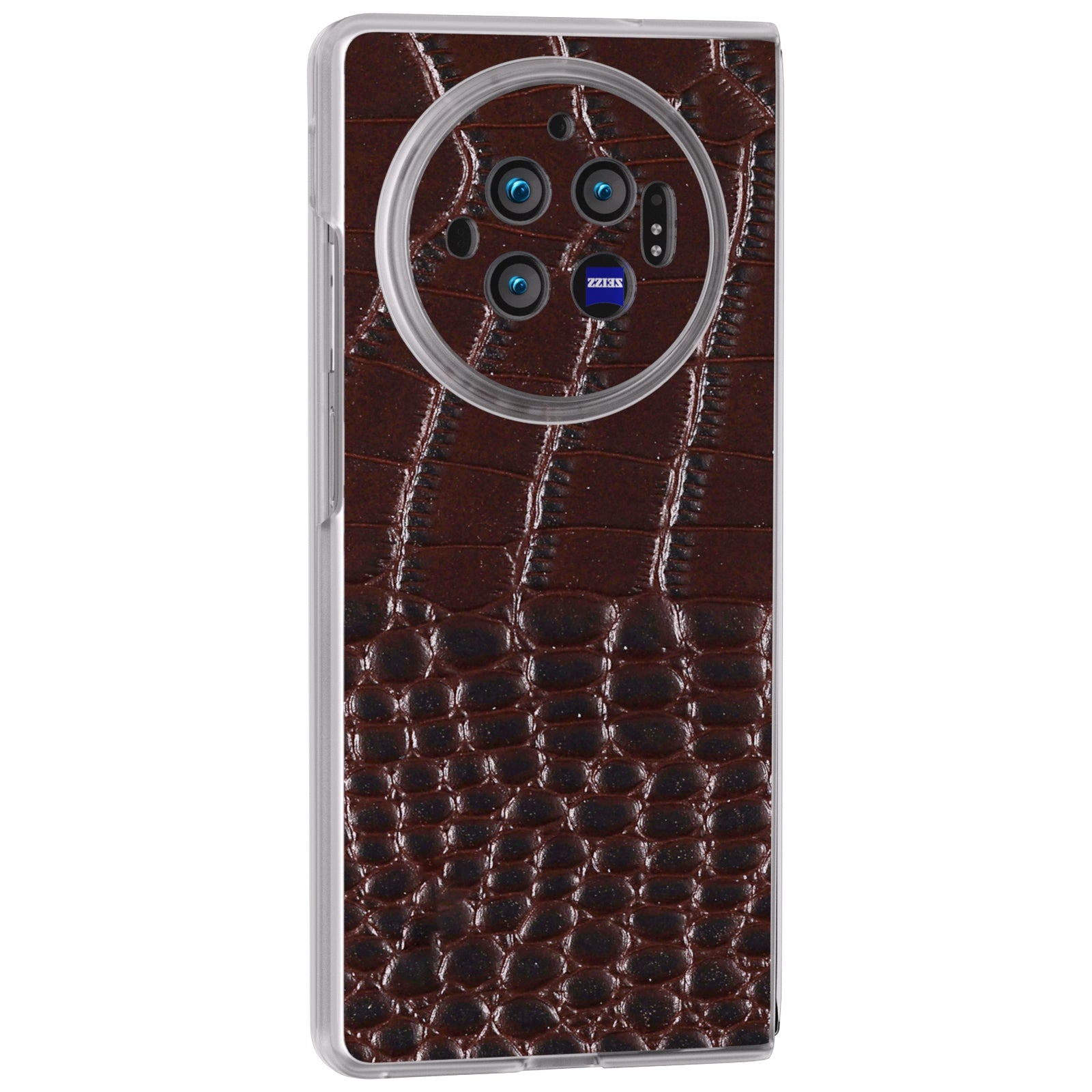 For vivo X Fold3 Case Genuine Cow Leather+PC Crocodile Texture Phone Cover with Non-Slip Grip - Coffee