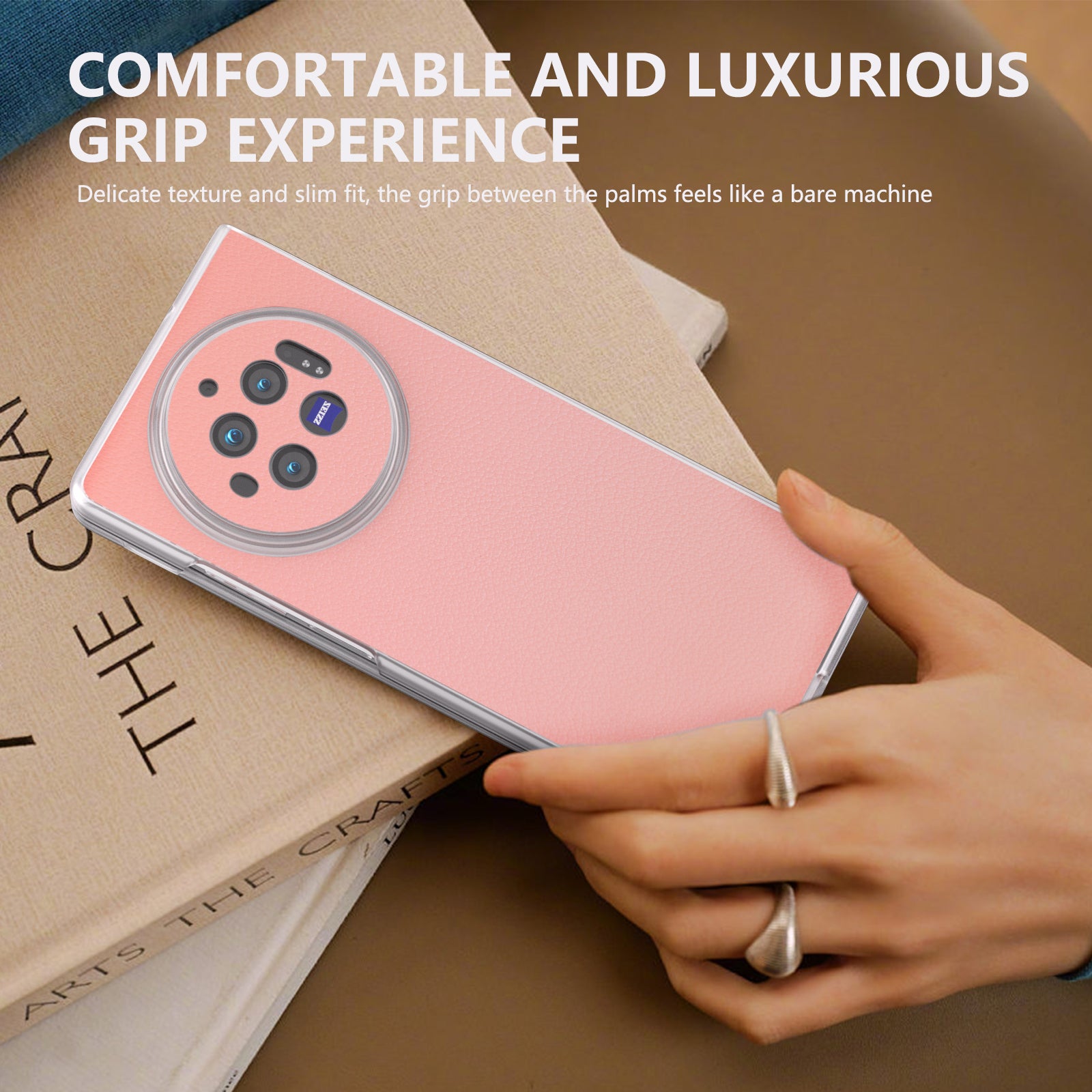 For vivo X Fold3 Case Non-Slip Genuine Cow Leather+PC Matte Edge Phone Cover - Pink