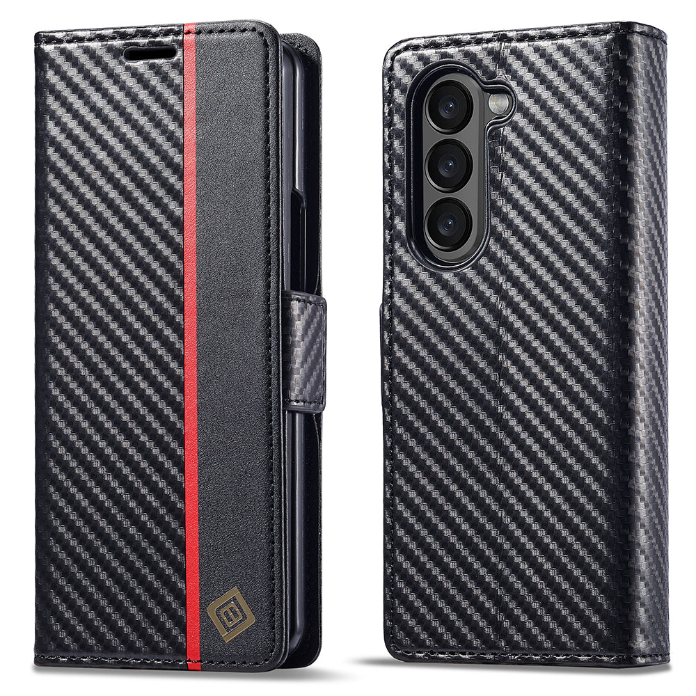 LC.IMEEKE For Samsung Galaxy Z Fold6 5G Case Carbon Fiber Texture Magnetic Closure Phone Cover - Vertical Stripe