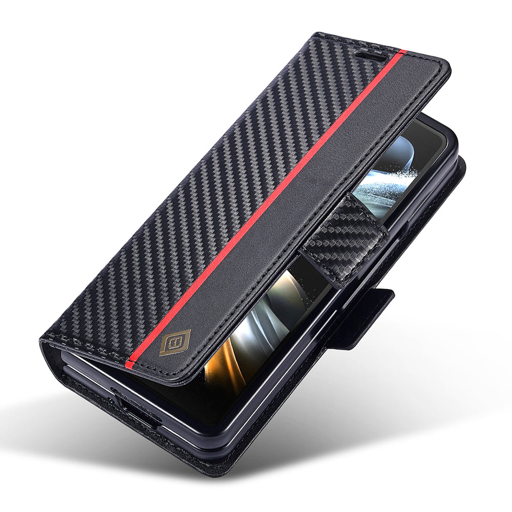 LC.IMEEKE For Samsung Galaxy Z Fold6 5G Case Carbon Fiber Texture Magnetic Closure Phone Cover - Vertical Stripe