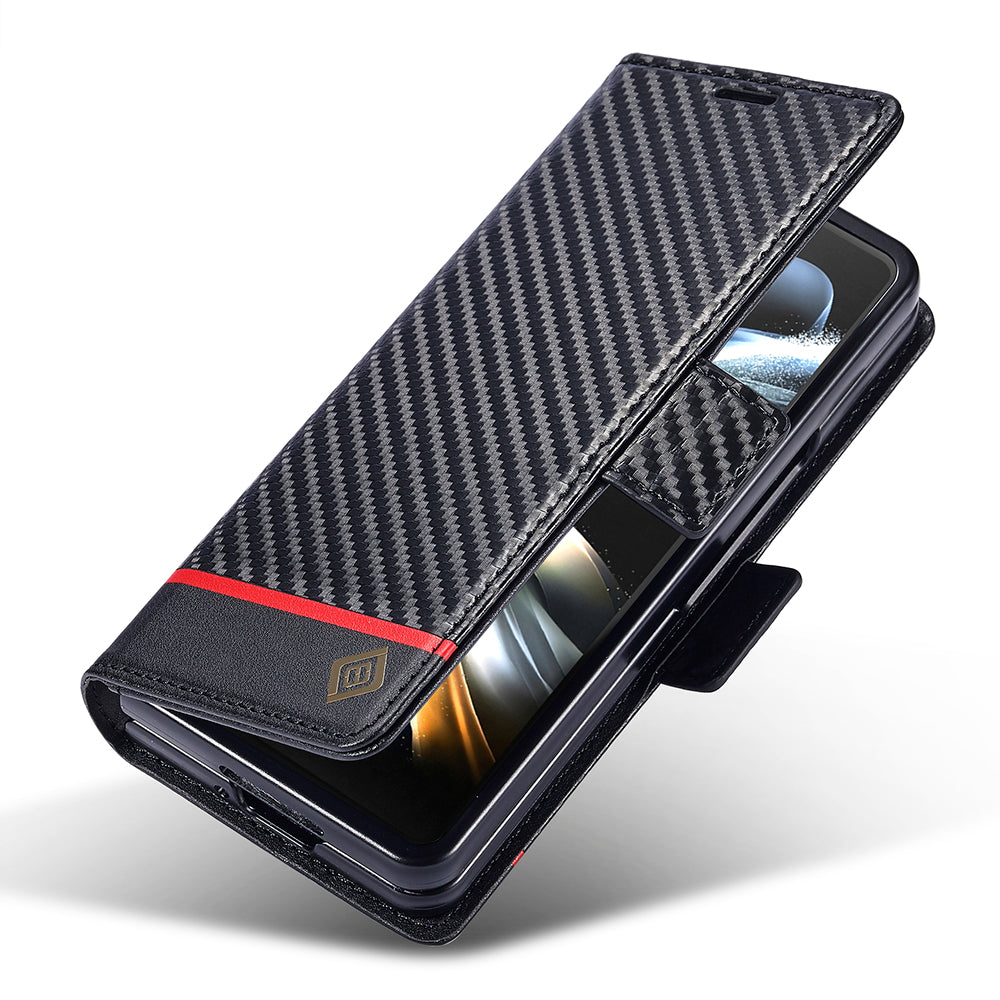 LC.IMEEKE For Samsung Galaxy Z Fold6 5G Case Carbon Fiber Texture Magnetic Closure Phone Cover - Horizontal Stripe