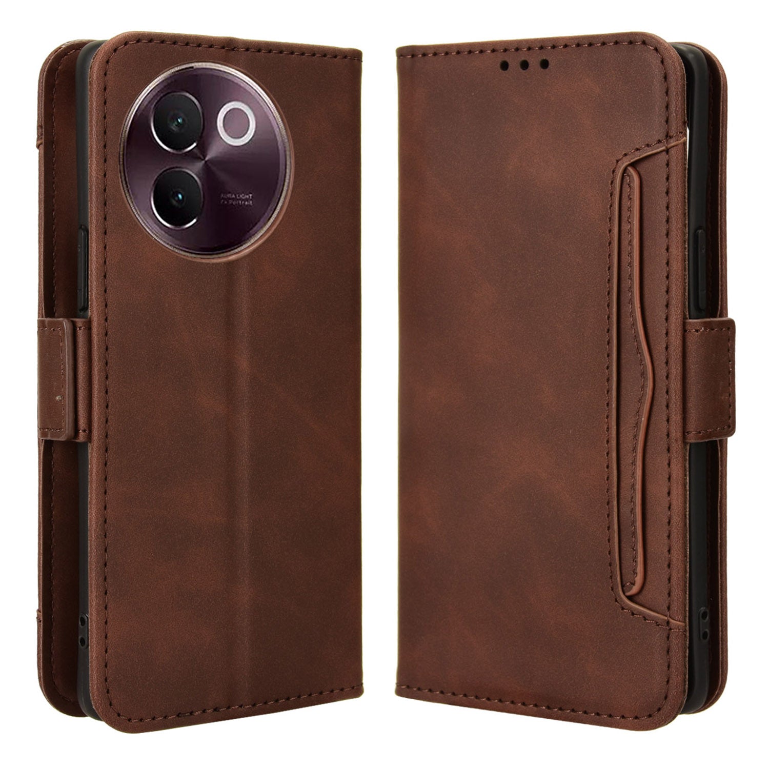 For vivo V30e 5G / V40 Lite 5G Case PU Leather Flip Folio Phone Cover with Multiple Card Holders - Brown