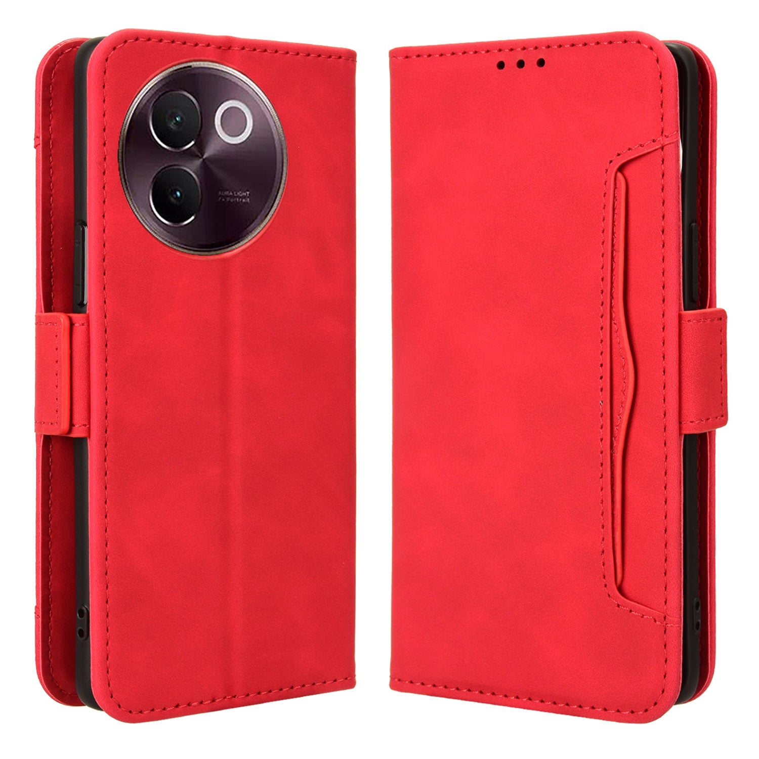 For vivo V30e 5G / V40 Lite 5G Case PU Leather Flip Folio Phone Cover with Multiple Card Holders - Red