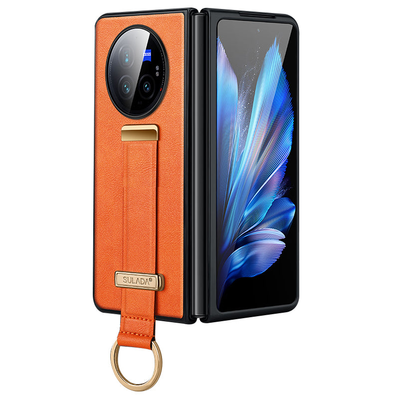 SULADA Fashion Series for vivo X Fold3 Pro Case Wristband PU Leather Crazy Horse Texture Back Cover - Orange