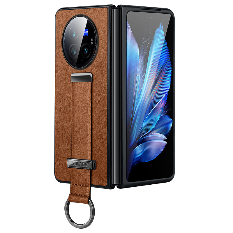 SULADA Fashion Series for vivo X Fold3 Pro Case Wristband PU Leather Crazy Horse Texture Back Cover - Brown