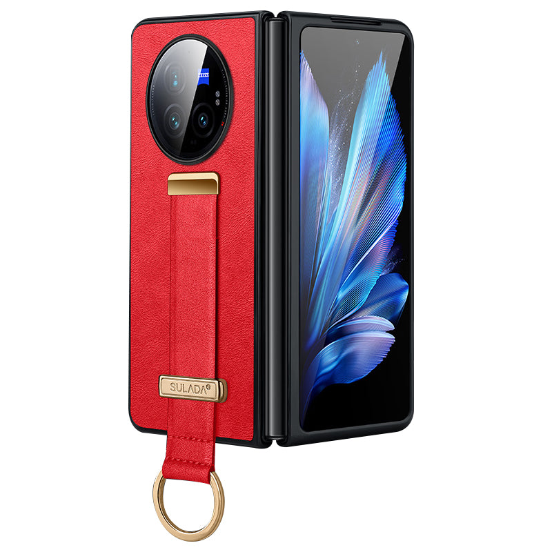 SULADA Fashion Series for vivo X Fold3 Pro Case Wristband PU Leather Crazy Horse Texture Back Cover - Red