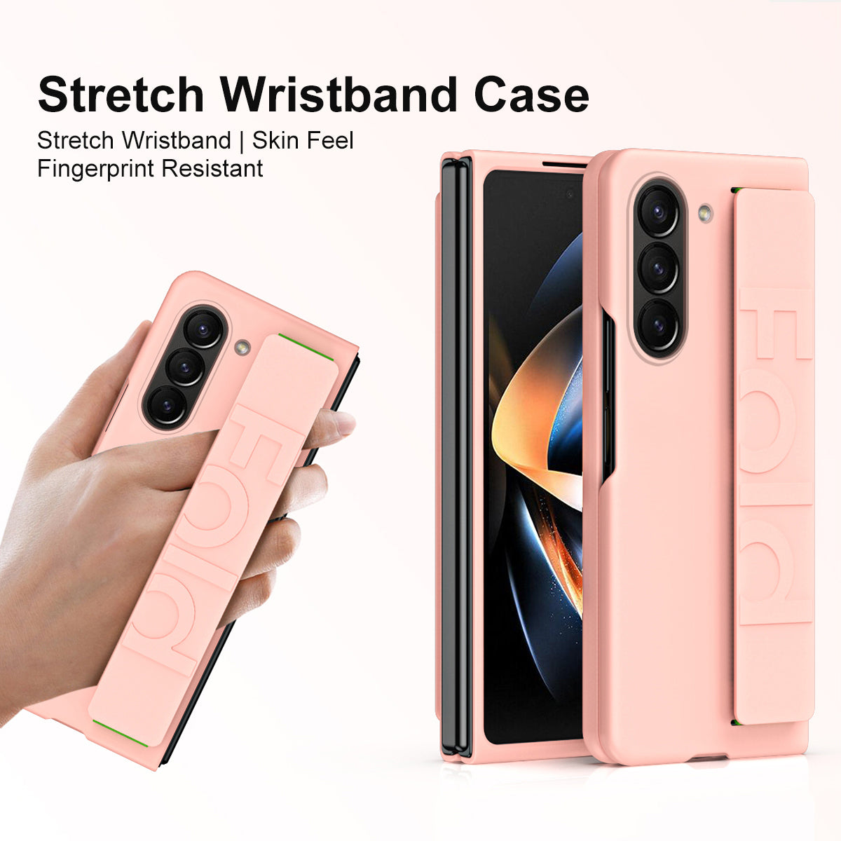 For Samsung Galaxy Z Fold6 5G Skin-touch Case PC Anti-fingerprint Phone Cover with Stretch Wristband - Pink