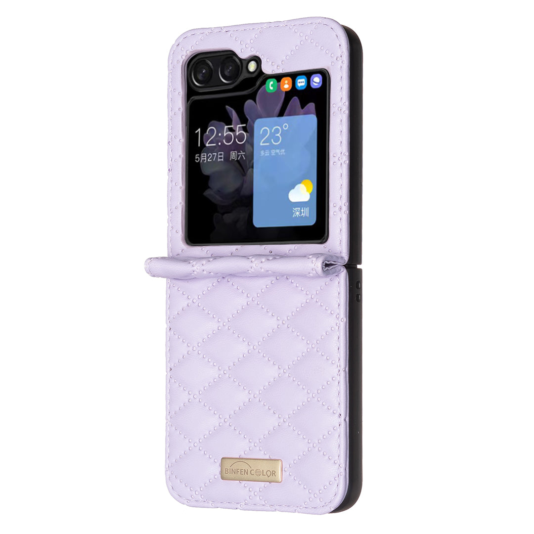 BINFEN COLOR For Samsung Galaxy Z Flip6 5G Case Rhombus PU Leather Folding Phone Cover - Purple