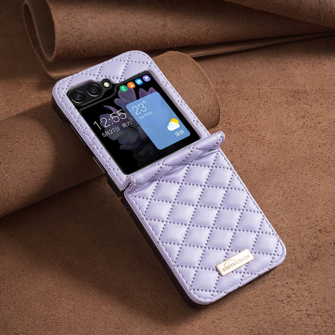 BINFEN COLOR For Samsung Galaxy Z Flip6 5G Case Rhombus PU Leather Folding Phone Cover - Purple