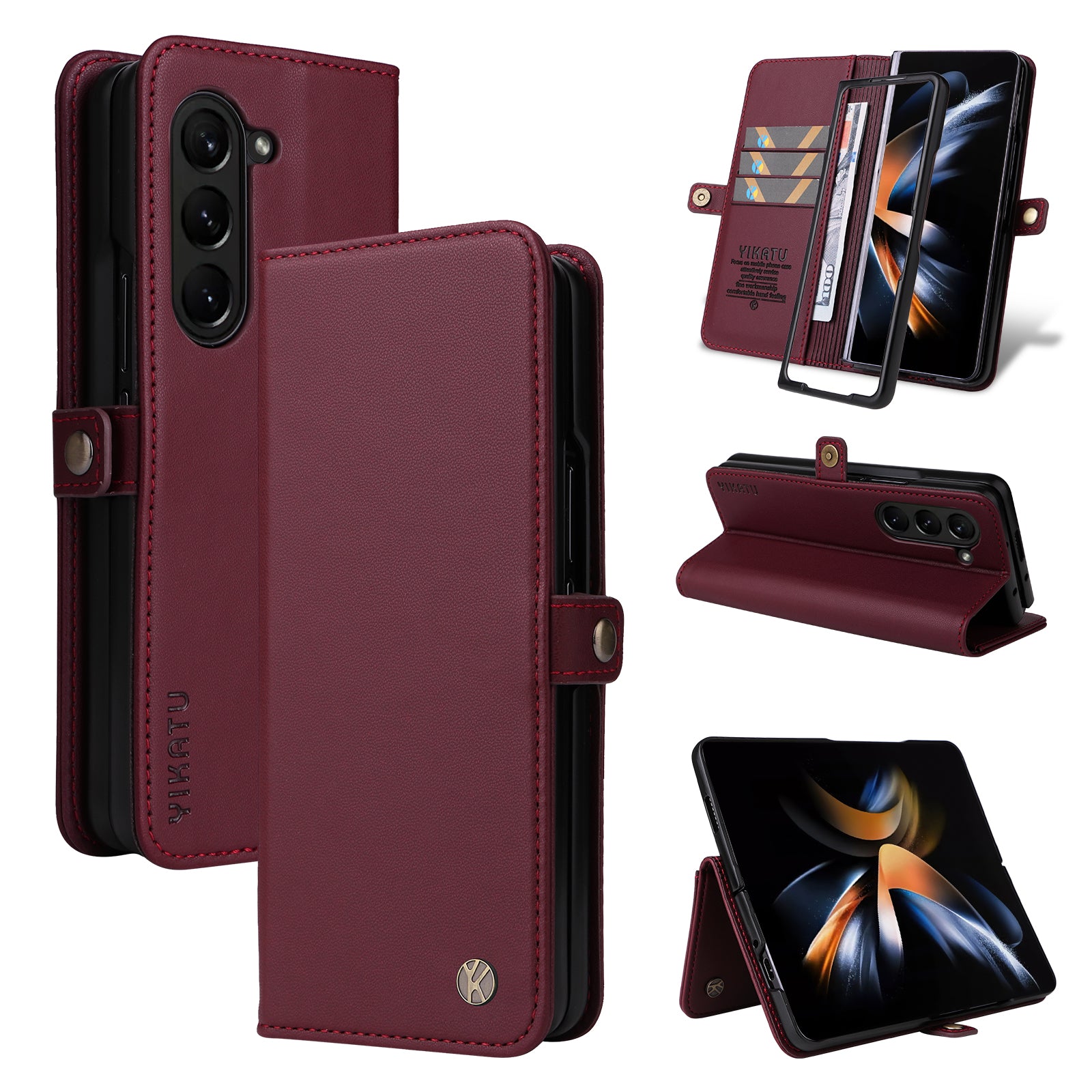 YIKATU YK- 001 for Samsung Galaxy Z Fold6 5G Case PU Leather Strong Magnetic Flip hone Cover - Wine Red