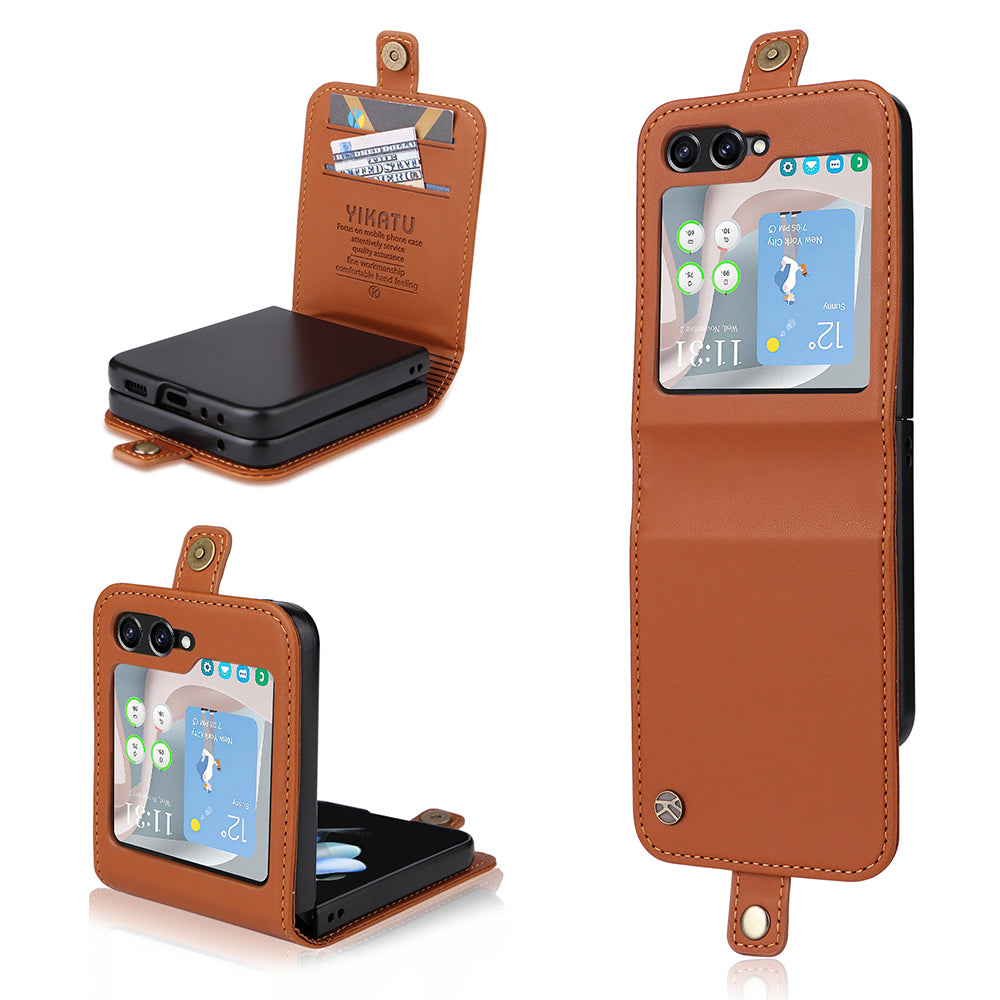 YIKATU YK-001 For Samsung Galaxy Z Flip6 5G Case Leather Phone Cover with Card Slots - Brown