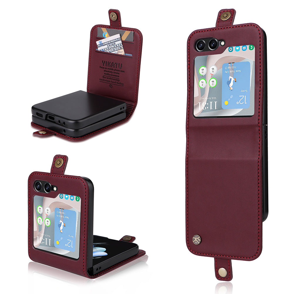 YIKATU YK-001 For Samsung Galaxy Z Flip6 5G Case Leather Phone Cover with Card Slots - Wine Red