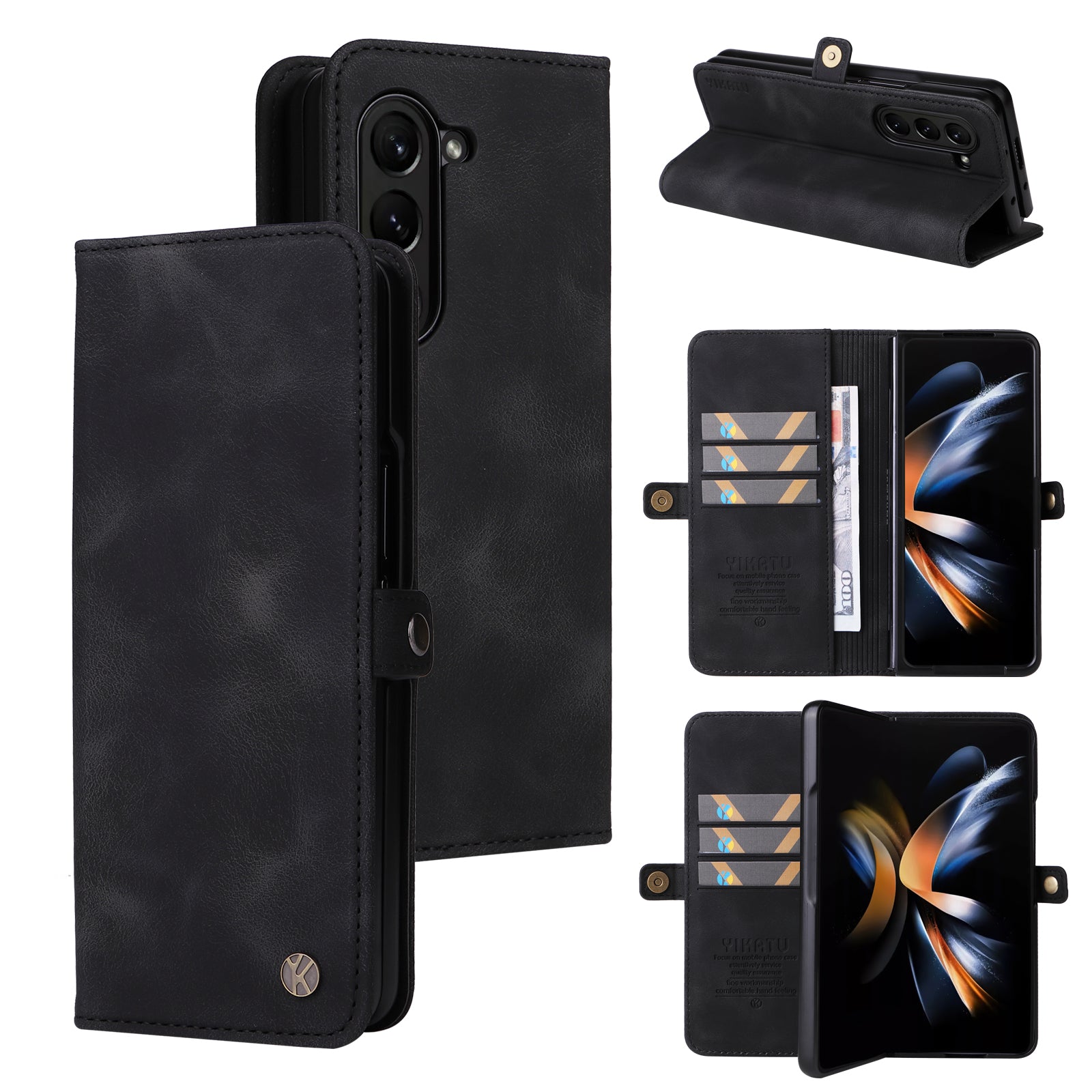 YIKATU YK-002 For Samsung Galaxy Z Fold6 5G Case PU Leather Skin-Touch Phone Cover - Black