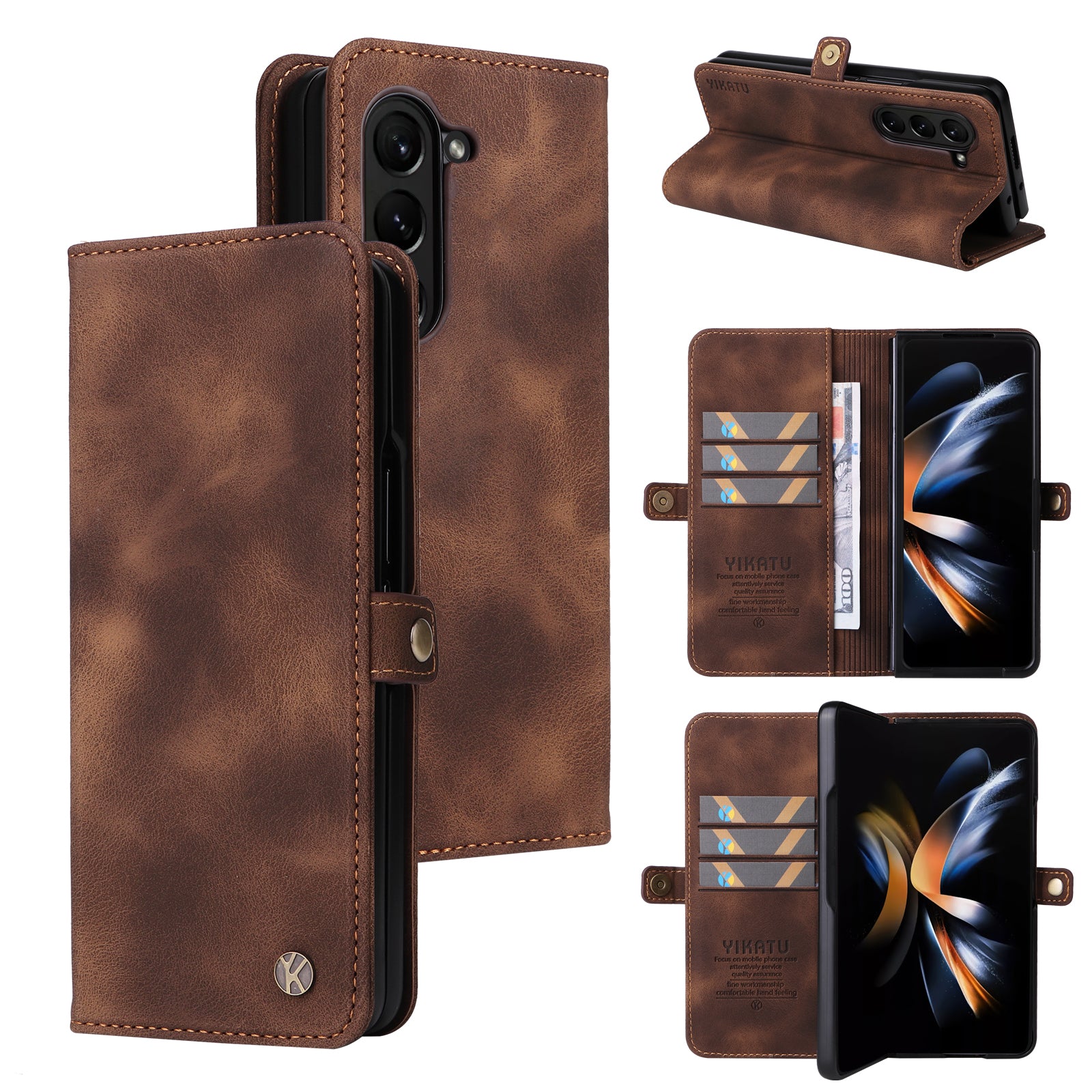 YIKATU YK-002 For Samsung Galaxy Z Fold6 5G Case PU Leather Skin-touch Phone Cover - Brown