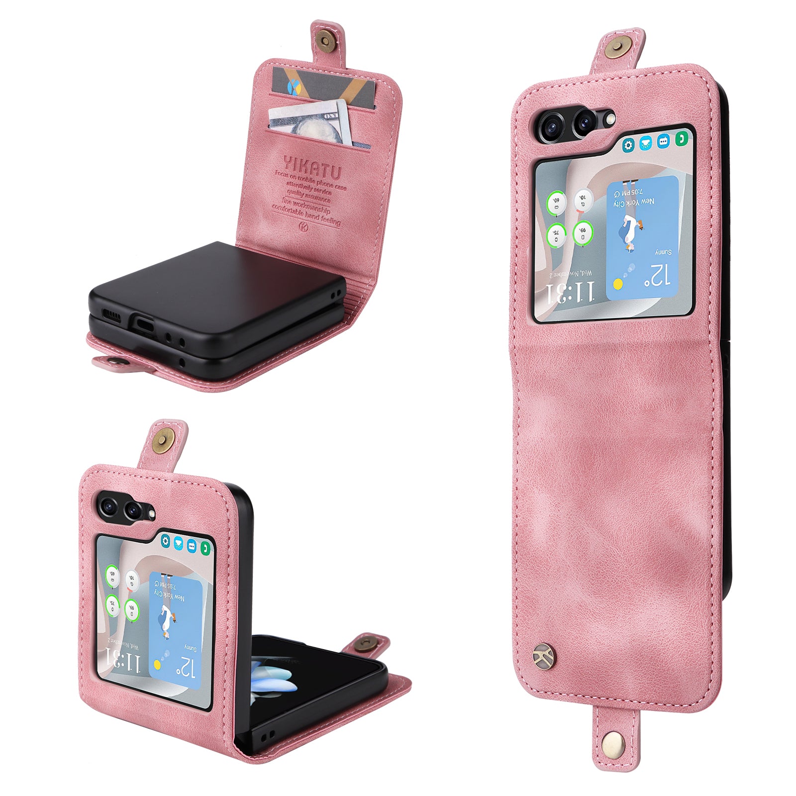 YIKATU YK-002 For Samsung Galaxy Z Flip6 5G Case Card Holders PU Leather Skin-touch Phone Cover - Pink