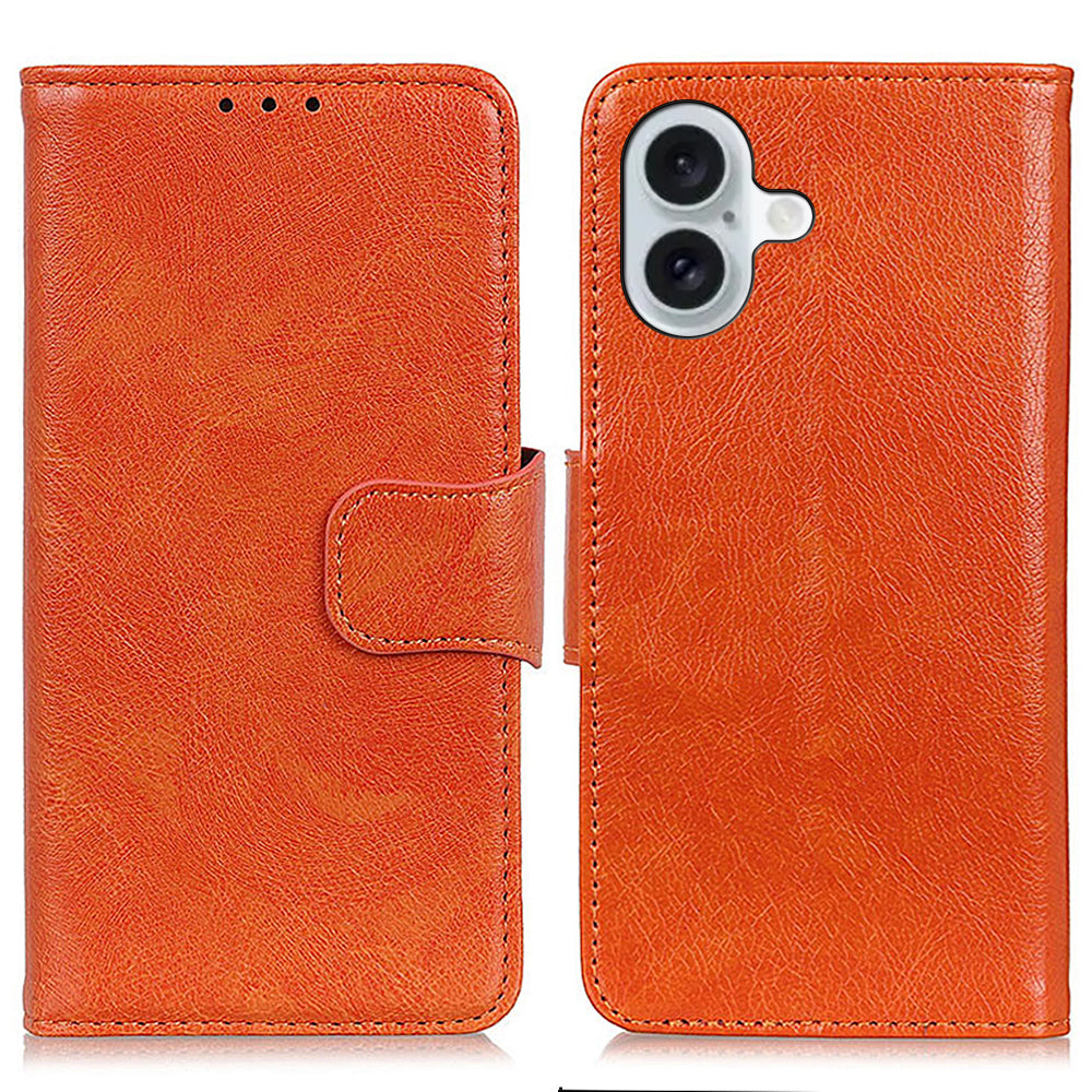 For iPhone 16 Case Nappa Texture Wallet Stand Split Leather Phone Cover - Orange