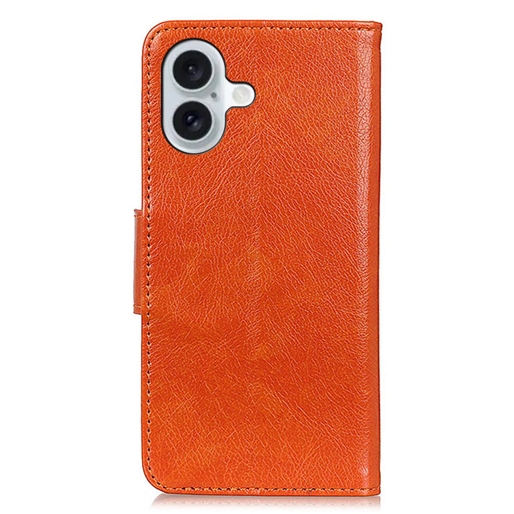 For iPhone 16 Case Nappa Texture Wallet Stand Split Leather Phone Cover - Orange