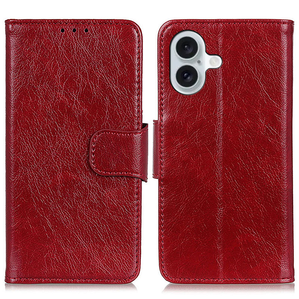 For iPhone 16 Case Nappa Texture Wallet Stand Split Leather Phone Cover - Red