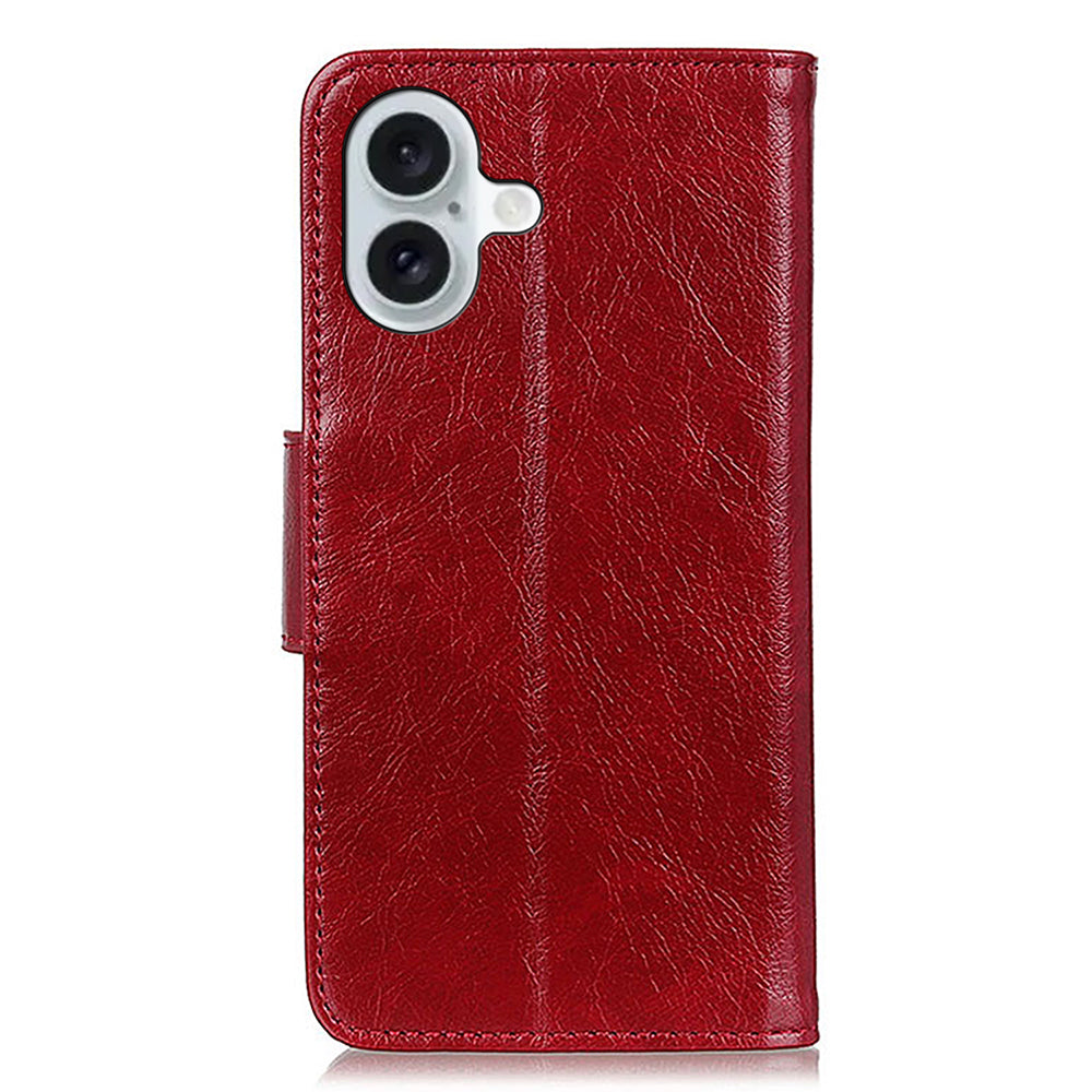 For iPhone 16 Case Nappa Texture Wallet Stand Split Leather Phone Cover - Red