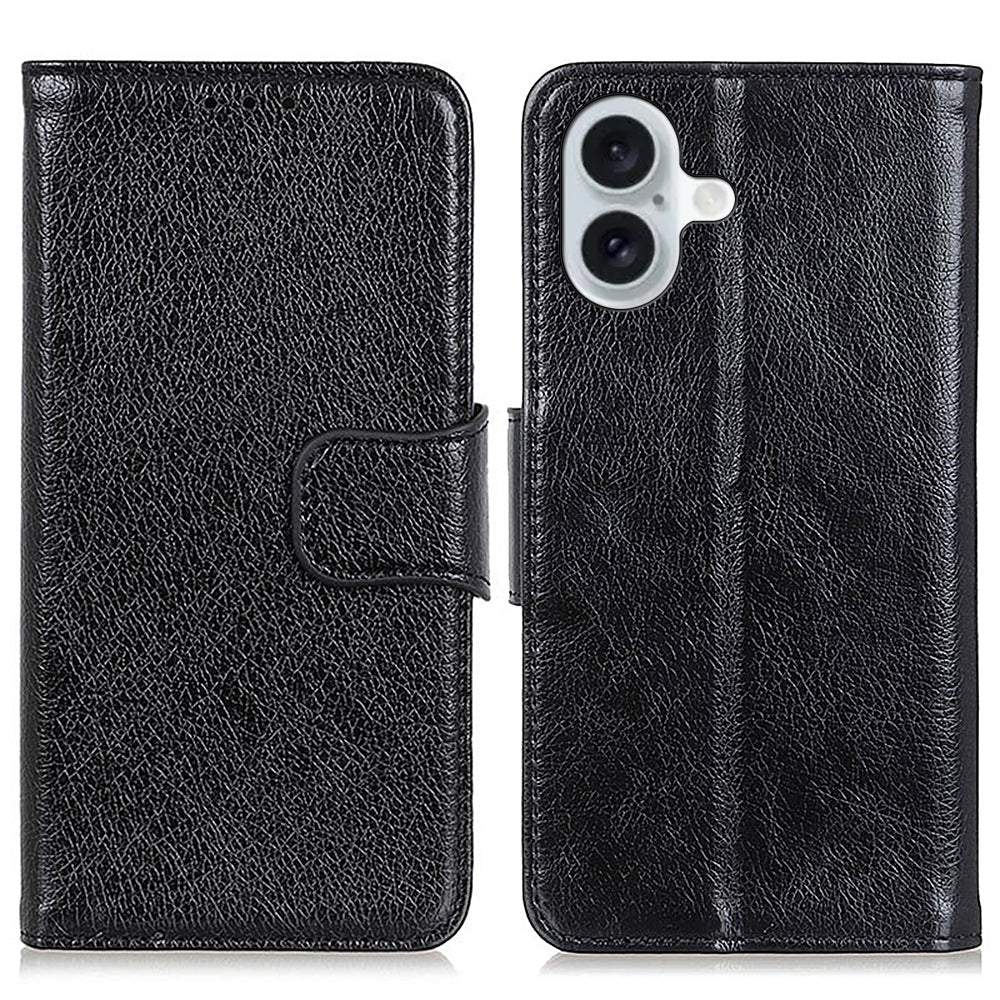 For iPhone 16 Plus Case Nappa Texture Split Leather Wallet Folio Flip Phone Cover - Black