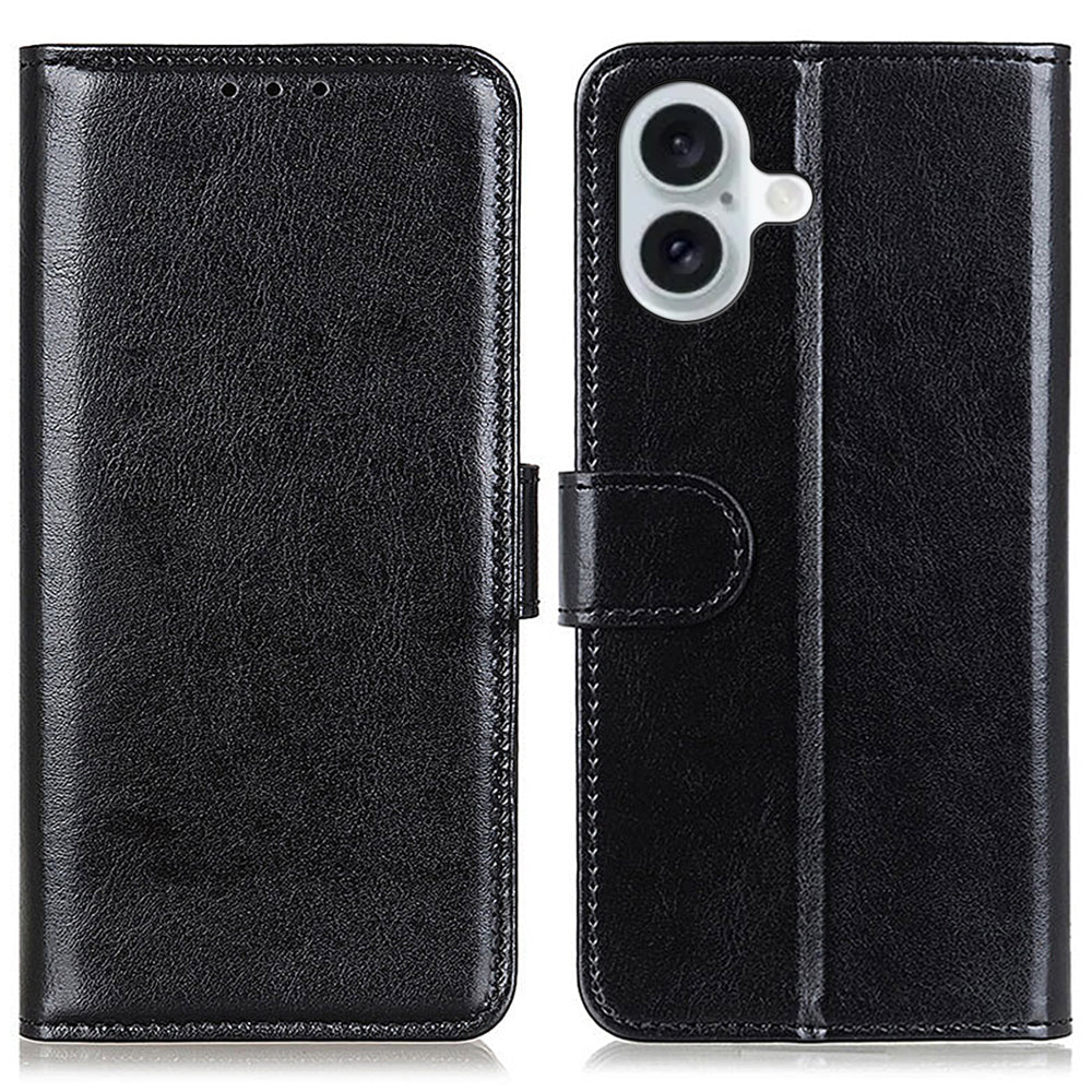 For iPhone 16 Plus Case PU Leather Wallet Phone Cover Crazy Horse Texture - Black