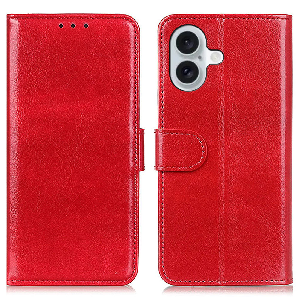 For iPhone 16 Plus Case PU Leather Wallet Phone Cover Crazy Horse Texture - Red