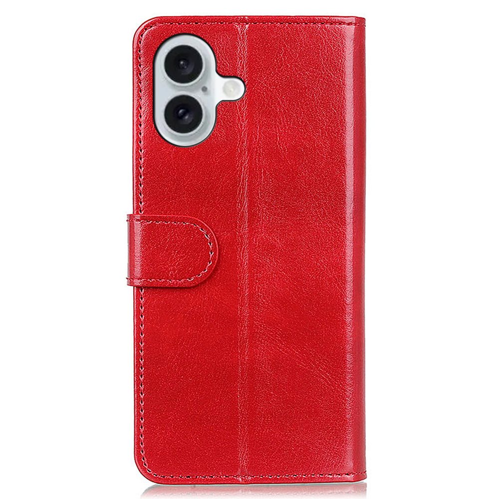 For iPhone 16 Plus Case PU Leather Wallet Phone Cover Crazy Horse Texture - Red