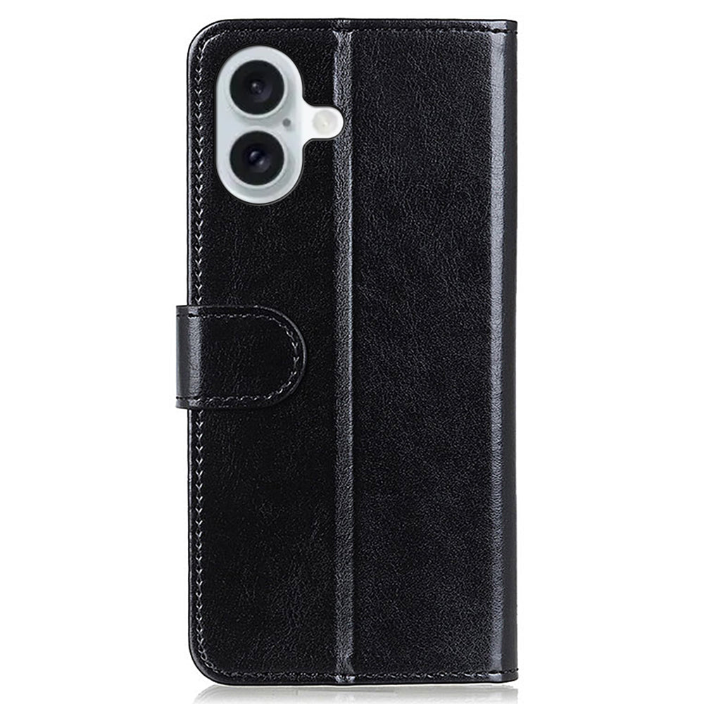 For iPhone 16 Case Crazy Horse Texture PU Leather Wallet Phone Cover - Black