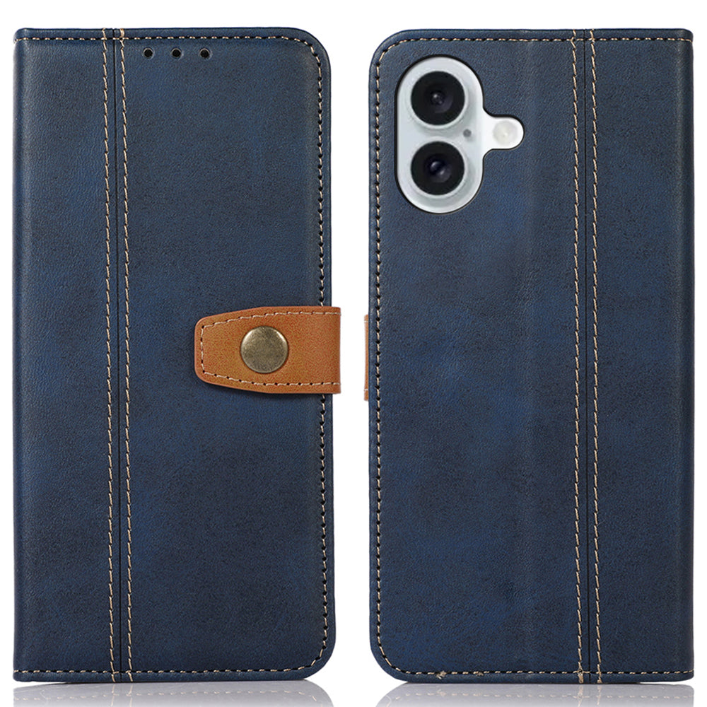 For iPhone 16 Case Leather Wallet Stand Calf Texture Protective Phone Cover - Sapphire