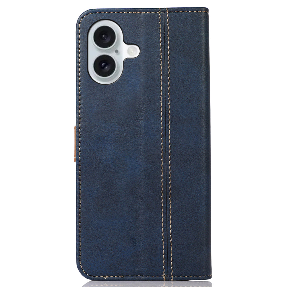 For iPhone 16 Case Leather Wallet Stand Calf Texture Protective Phone Cover - Sapphire