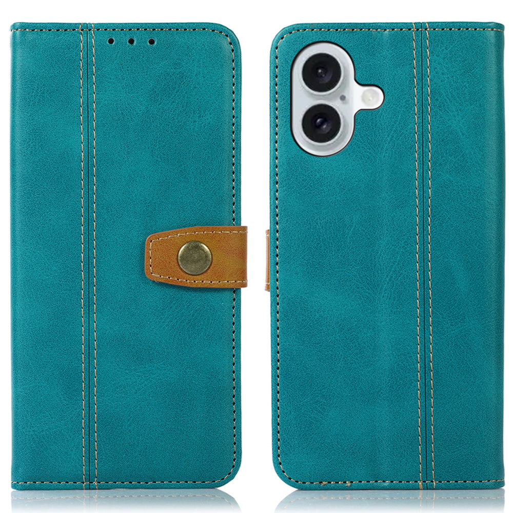 For iPhone 16 Case Leather Wallet Stand Calf Texture Protective Phone Cover - Light Green