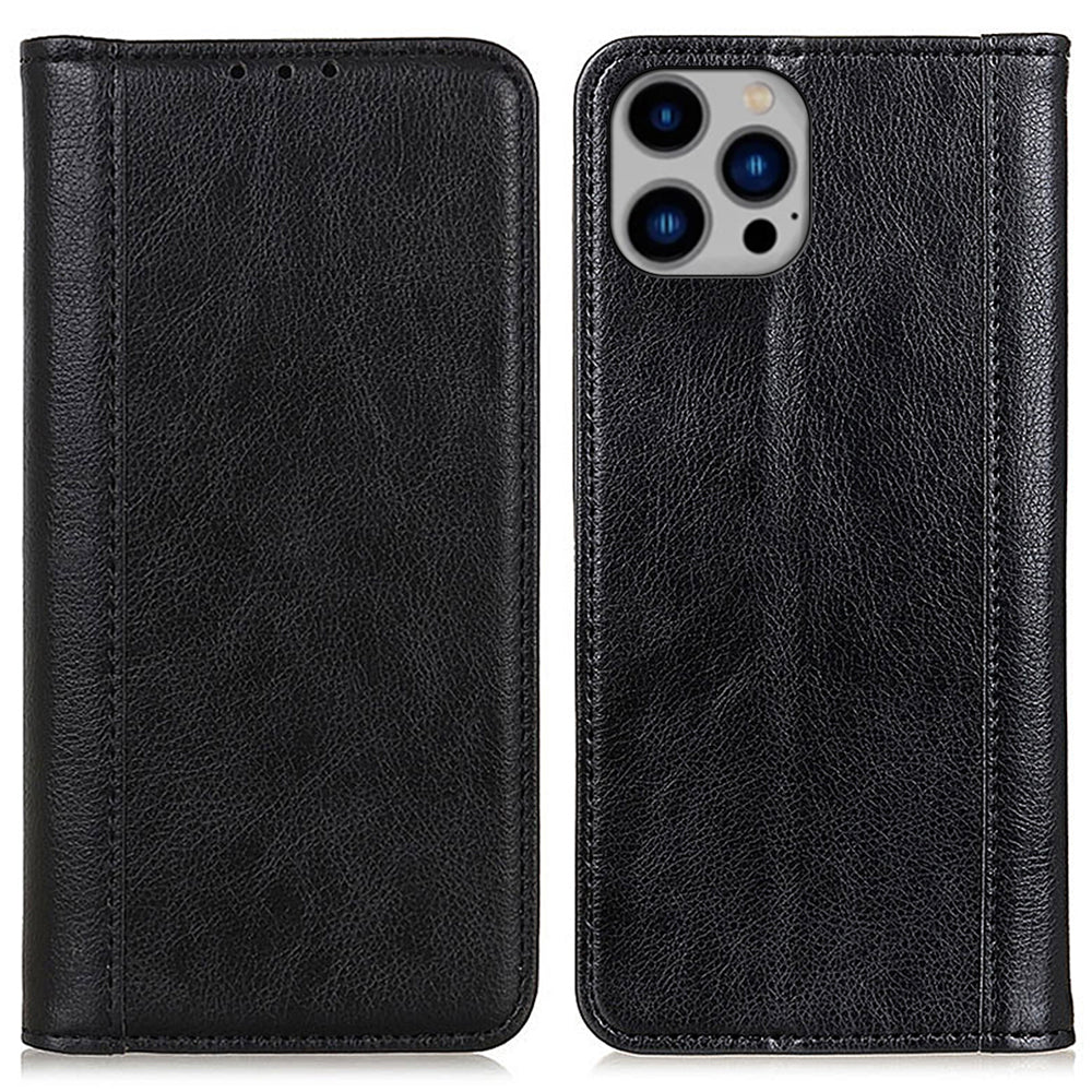 For iPhone 16 Pro Max Case Split Leather Magnetic Auto Closing Wallet Phone Cover - Black