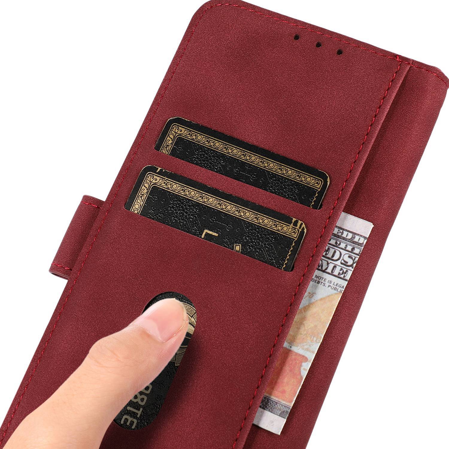 KHAZNEH For iPhone 16 Plus Case Suede Texture Wallet Leather Phone Cover - Red