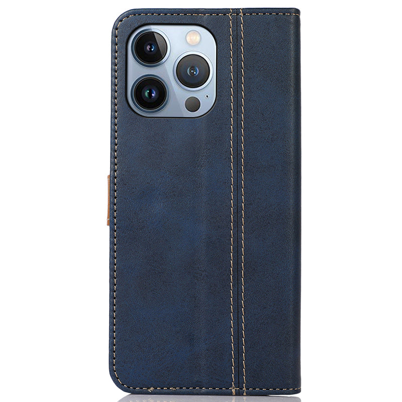 For iPhone 16 Pro Case Leather Wallet Stand Phone Cover Calf Texture Phone Shell - Sapphire