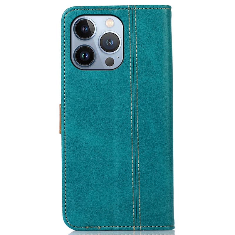 For iPhone 16 Pro Case Leather Wallet Stand Phone Cover Calf Texture Phone Shell - Light Green