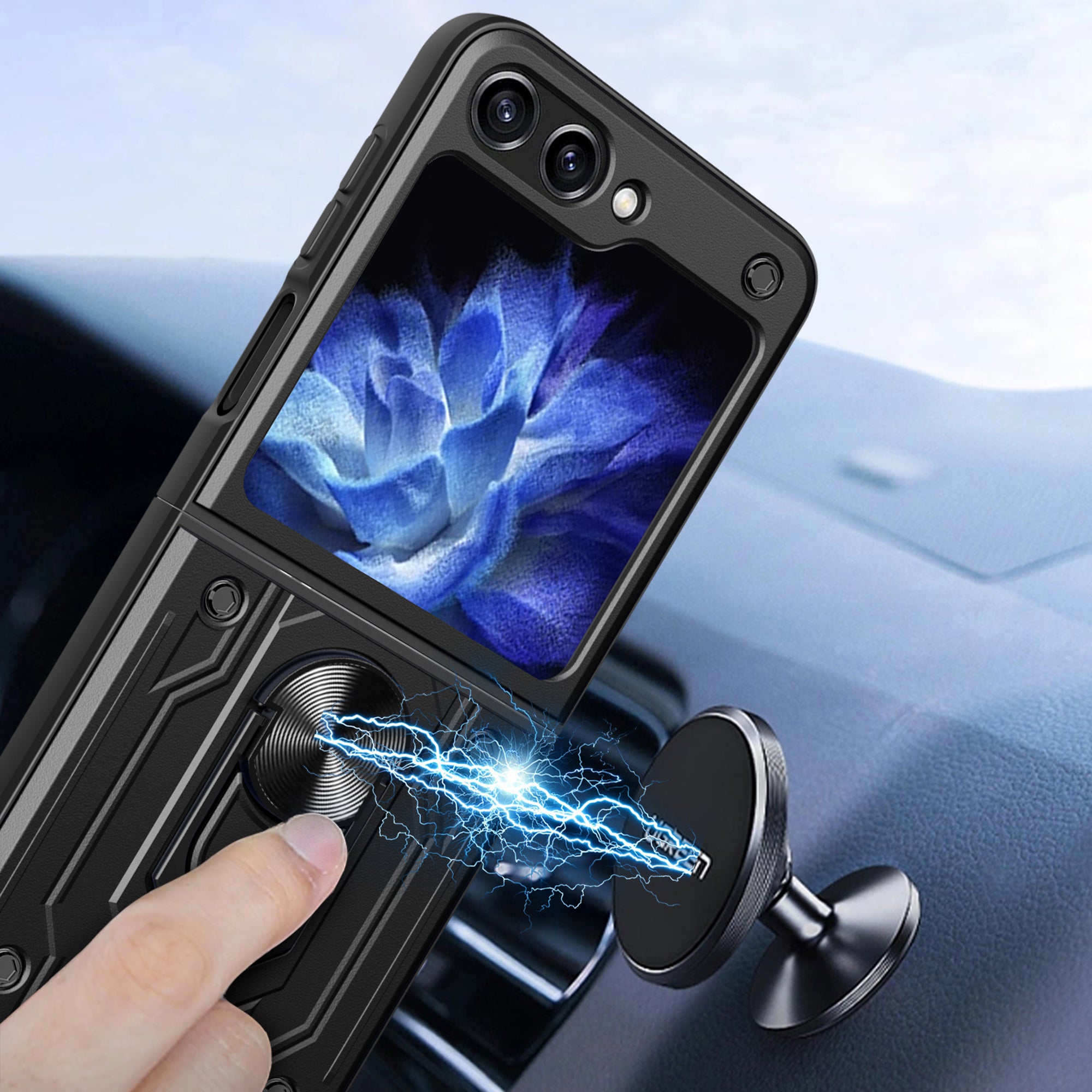 For Samsung Galaxy Z Flip6 5G Case PC+TPU Kickstand Magnetic Car Mount Phone Cover - Sapphire