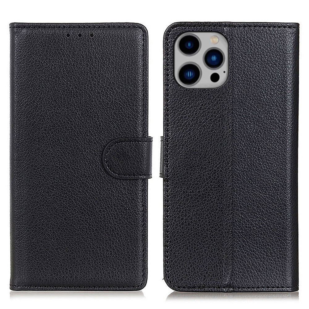 For iPhone 16 Pro Case PU Leather Litchi Texture Magnetic Flip Phone Cover - Black