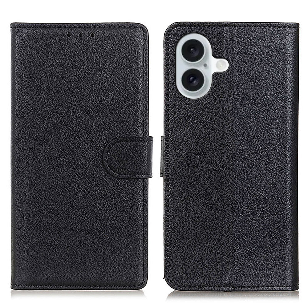 For iPhone 16 Case PU Leather Wallet Stand Litchi Texture Phone Cover - Black