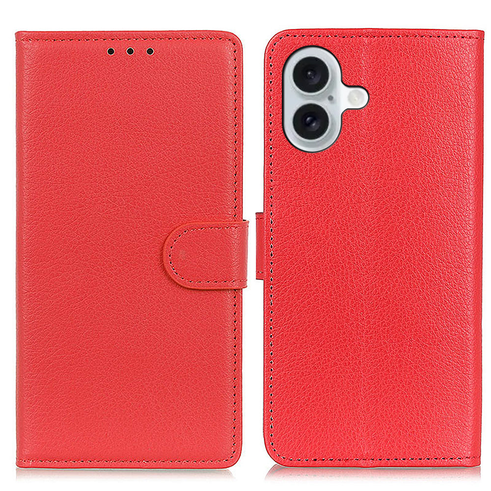 For iPhone 16 Case PU Leather Wallet Stand Litchi Texture Phone Cover - Red