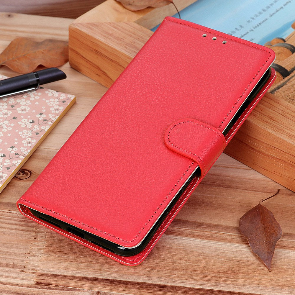 For iPhone 16 Case PU Leather Wallet Stand Litchi Texture Phone Cover - Red