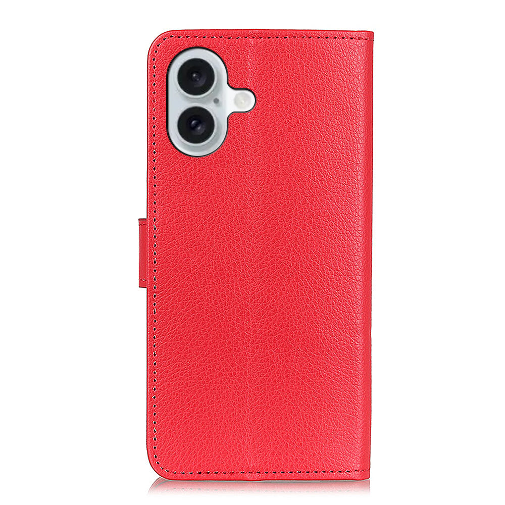 For iPhone 16 Case PU Leather Wallet Stand Litchi Texture Phone Cover - Red