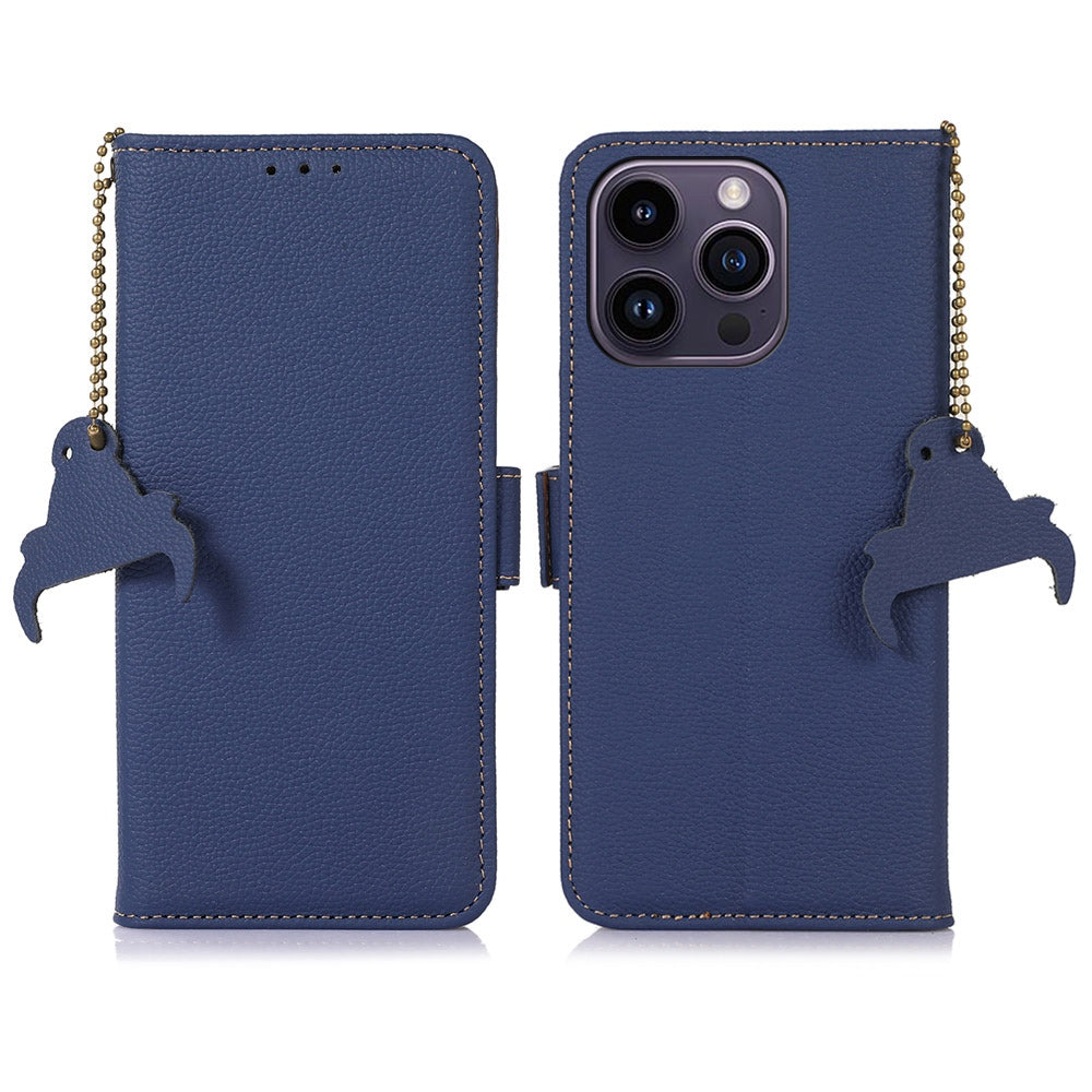 For iPhone 16 Pro Max Case RFID Blocking Genuine Cow Leather Phone Cover - Sapphire