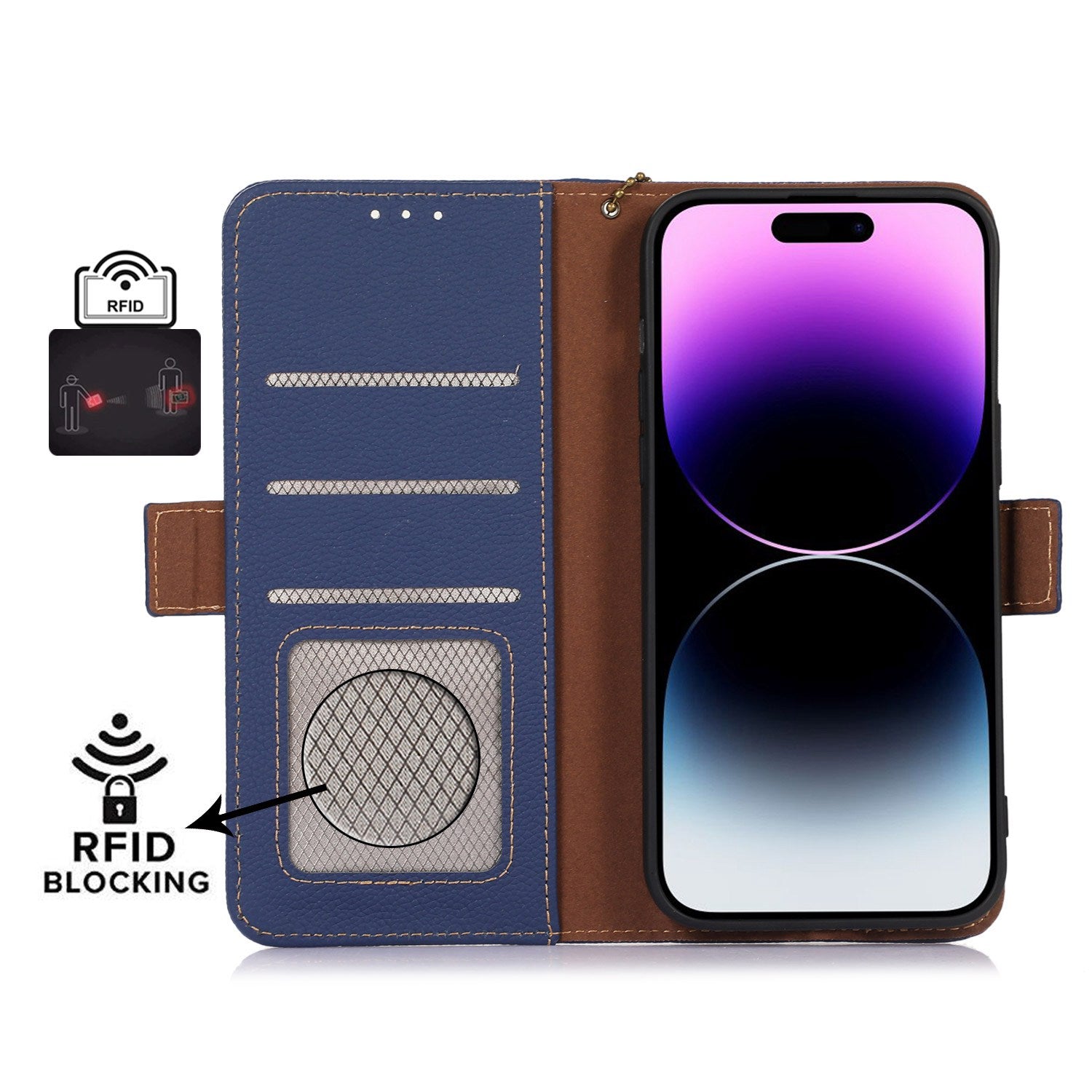 For iPhone 16 Pro Max Case RFID Blocking Genuine Cow Leather Phone Cover - Sapphire