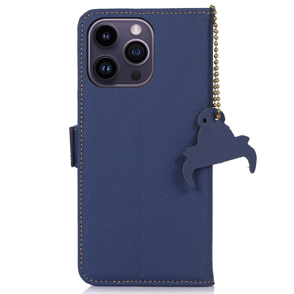 For iPhone 16 Pro Max Case RFID Blocking Genuine Cow Leather Phone Cover - Sapphire