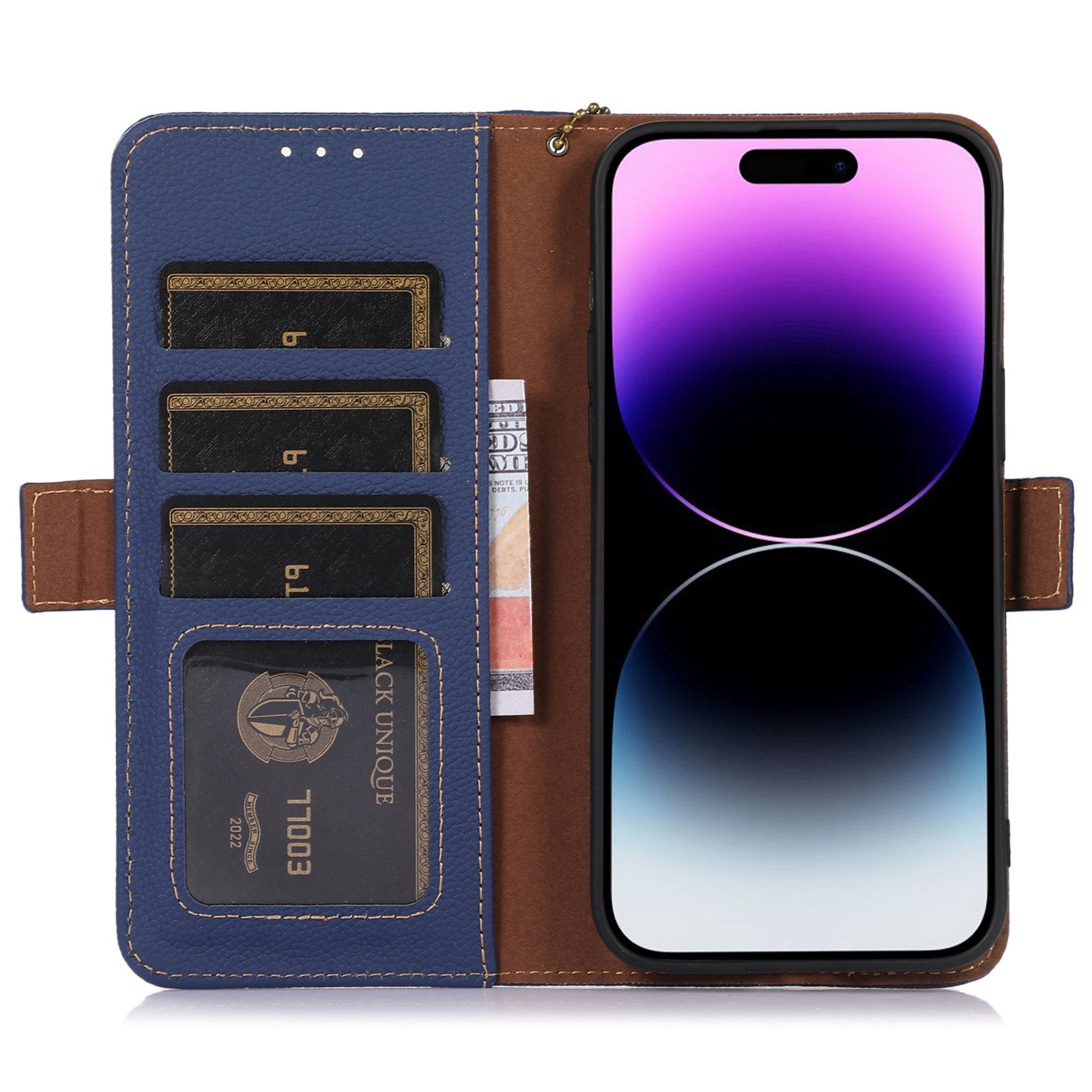 For iPhone 16 Pro Case Wallet Stand Genuine Cow Leather RFID Blocking Phone Cover - Sapphire