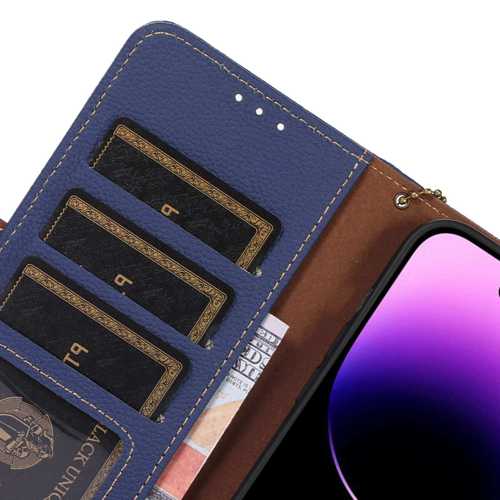 For iPhone 16 Pro Case Wallet Stand Genuine Cow Leather RFID Blocking Phone Cover - Sapphire