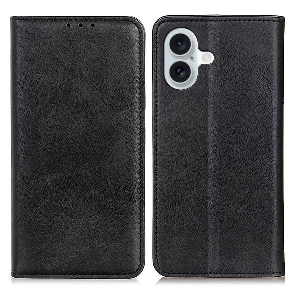 For iPhone 16 Case Magnetic Absorption Split Leather Folio Phone Cover - Black