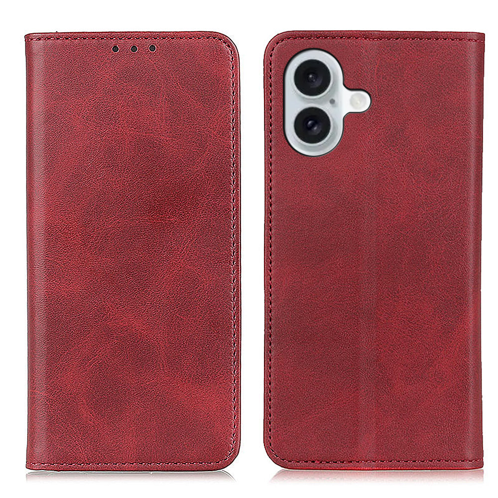 For iPhone 16 Case Magnetic Absorption Split Leather Folio Phone Cover - Red