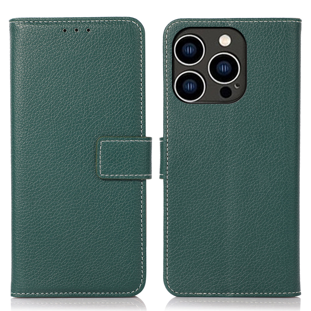 For iPhone 16 Pro Max Stand Case Litchi Texture Leather Phone Cover with Wallet - Blackish Green